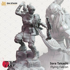 May include: A gray 3D printed miniature of a female warrior with a bow and arrow, wearing a feathered headdress and armor. The miniature is standing on a rocky base. The text "Sora Takashi Flying Falcon" is printed below the miniature.