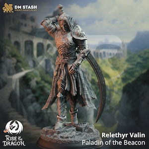May include: A detailed miniature figurine of a paladin, clad in silver armor with a sword and a shield. The figure stands on a rocky base with a cloudy sky and a distant mountain range in the background. The text "Relethyr Valin Paladin of the Beacon" is visible below the figure.