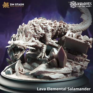 May include: A detailed miniature of a Lava Elemental Salamander, a mythical creature with a reptilian body, a long tail, and a fierce expression. The miniature is posed on a rocky base with crystals and a small cart, suggesting a fiery and dangerous environment.