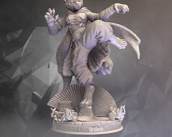 May include: A 3D-printed figurine of Katrin Veldius, a feline humanoid character in a dynamic pose. The figure is clad in detailed armor and clothing, with the text "Katrin Veldius" at the base. The figure is pre-supported and ready for printing.