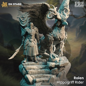 May include: A grey, detailed miniature of a hippogriff rider. The rider is wearing armour and holding a spear. The hippogriff is a mythical creature with wings, a horse's body, and an eagle's head. The miniature is set on a rocky base.