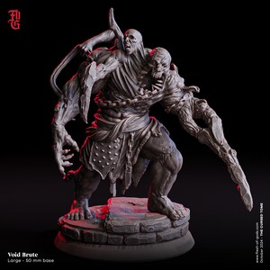 May include: A grey, multi-headed monster figurine standing on a 50 mm circular stone base. The creature features exposed ribs, chains wrapped around its torso, and sharp, blade-like appendages. Text on the image reads Void Brute and The Cursed Tome.
