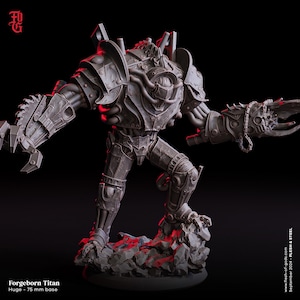 May include: A gray Forgeborn Titan miniature figure standing on a rocky 75 mm base. The mechanical construct features heavy armor plating, a central torso vent, and large clawed hands with integrated saw blades. Text includes Forgeborn Titan.