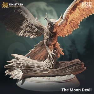 May include: A detailed, 3D printed miniature of a moon devil, a creature with owl-like features and horns. The devil is perched on a tree branch, its wings spread wide. The miniature is painted in a light brown color, giving it a realistic appearance.