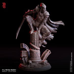 May include: A detailed miniature figurine of a cloaked elf warrior, standing on a stone pillar base. The figure is painted in a muted brown color scheme, with a sword in hand and a tattered cloak flowing behind them. The base features intricate carvings and a skull.