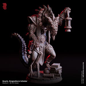 May include: A detailed figurine of Roark, Dragonborn Scholar, with a dragon-like head and intricate armor. The figure holds a lantern and stands near a stack of books. The base is 25 mm. The text "Roark, Dragonborn Scholar" is visible.