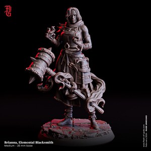 May include: A detailed figurine of Brianna, Elemental Blacksmith, with a large hammer and flowing fabric. The figure is brown with intricate details, standing on a textured base. The text "Brianna, Elemental Blacksmith" and "Medium - 25 mm base" are visible.