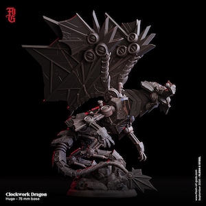 May include: A dark gray clockwork dragon miniature featuring mechanical wings, articulated limbs, and a segmented tail. The figure stands on a rocky base with a 75 mm base size. Text on the image includes Clockwork Dragon, Huge - 75 mm base, and FOG.