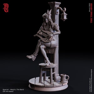 May include: A brown painted miniature figurine of a female bard playing a lyre, sitting on a stool and leaning against a lamp post. The base is a circular wooden platform with a wooden mug.