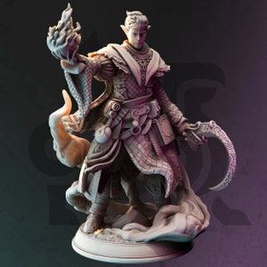 May include: A detailed miniature figurine of an elf wizard casting a spell. The wizard is wearing a long, flowing robe with intricate details and holding a staff with a glowing orb at the top. The figure is posed in a dynamic stance, with the wizard's arms outstretched and the orb glowing brightly.