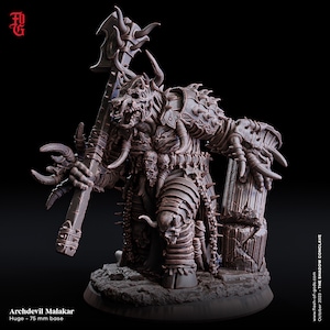 May include: A detailed, dark gray Archdevil Malakar figurine, holding a large weapon. The figure has horns, spikes, and skull details. The base is 75 mm. Text on the image reads "Archdevil Malakar" and "October 2023 - The Shadow Conclave."