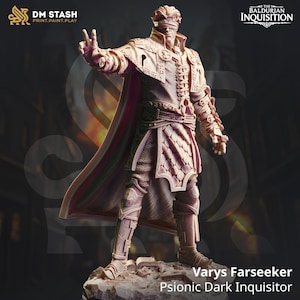 May include: A detailed miniature figure of a psionic dark inquisitor, Varys Farseeker, from the Baldur's Gate: Descent into Avernus campaign. The figure is painted in a light brown color and is wearing a long robe with a hood and a blindfold.