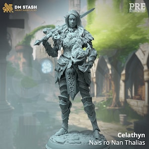 May include: A detailed gray figurine of a female warrior, holding a sword and a helmet. The figure is clad in ornate armor with intricate designs. The base of the figurine has the text "Celathyn Nais ro Nan Thalias". The image also includes the text "DM STASH PRINT.PAINT.PLAY" and "PRE SUPPORTED".