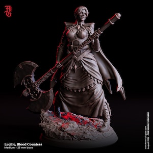 May include: A detailed figurine of Lucille, Blood Countess, holding a large axe. The figure is in a dynamic pose, wearing a detailed dress and cape. The base is 25 mm. The figurine is a dark color with red accents.