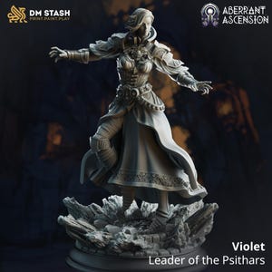 May include: A gray painted miniature figurine of a female character with long hair, wearing a long robe and armor. The figurine is standing on a rocky base. The text "Violet Leader of the Psithars" is printed below the base.