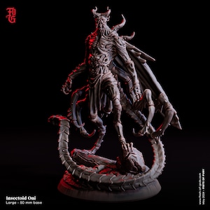 May include: A detailed, brown, 3D printed miniature of an insectoid oni demon with multiple legs and a long, segmented tail. The oni is standing on a rocky base. The miniature is part of a set of fantasy figures.
