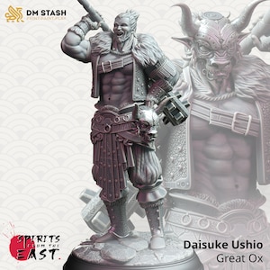 May include: A gray 3D printed miniature of a warrior figure with a horned helmet and a large axe. The figure is standing on a circular base with the text "Spirits from the East" and "Daisuke Ushio Great Ox" printed on it.