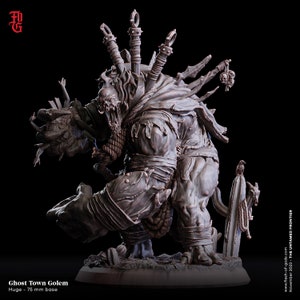 May include: A detailed, gray, sculpted miniature of a ghost town golem, a monstrous creature with a tattered cloak, multiple weapons, and a rope tied around its neck. The golem stands on a 75 mm base.