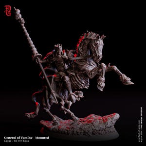 May include: A detailed, dark gray miniature of the "General of Famine" mounted on a skeletal horse. The figure holds a long staff with skull details. The base is approximately 2 inches. The text "General of Famine - Mounted" is visible.