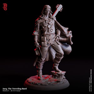 May include: A detailed miniature figurine of a bard, painted in a brown colour scheme, holding a guitar and wearing a long cloak. The figurine is standing on a rocky base.