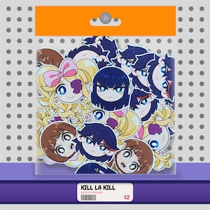 May include: A clear plastic bag containing multiple die-cut stickers featuring anime-style character heads with large blue eyes. The stickers display various hair colors including blonde with a pink bow, dark blue, and brown. The label reads KILL LA KILL.