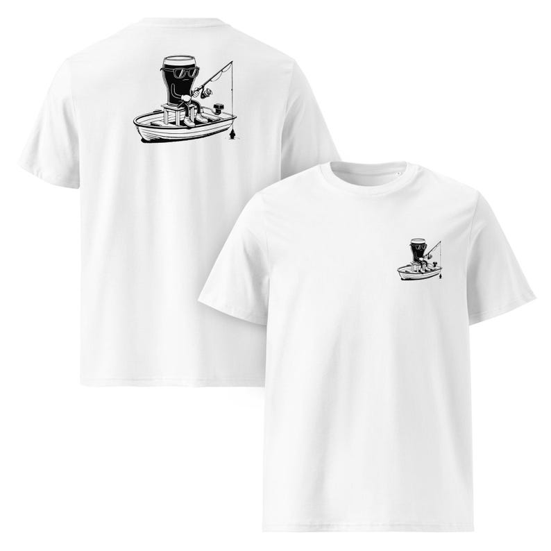 May include: White t-shirts with a black and white graphic of a beer mug fishing from a boat. The design is on the back of one shirt and the front pocket area of the other. The beer mug is wearing sunglasses and holding a fishing rod.