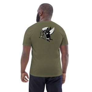 May include: Olive green t-shirt featuring a black and white cartoon of a beer glass with sunglasses, wings, and a bow and arrow. The graphic is on the back of the shirt.