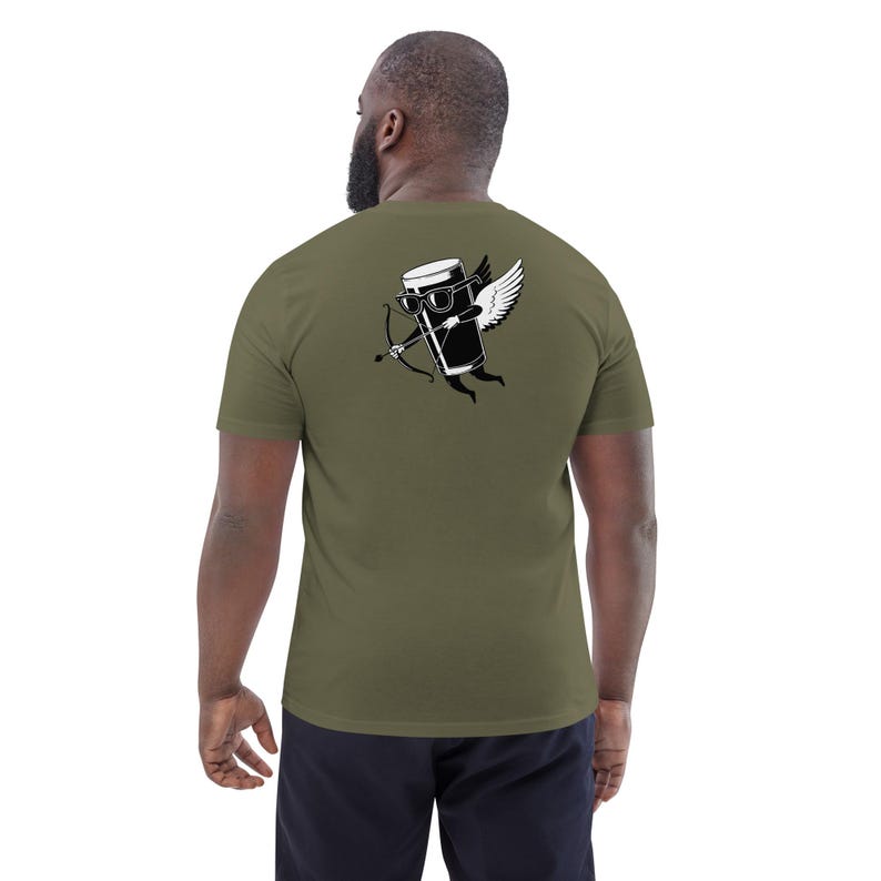 May include: Olive green t-shirt featuring a black and white cartoon of a beer glass with sunglasses, wings, and a bow and arrow. The graphic is on the back of the shirt.