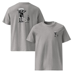 May include: Two heather gray t-shirts. One shirt has a large black and white graphic of a beer glass playing golf on the back. The other shirt has a smaller version of the graphic on the front left chest.