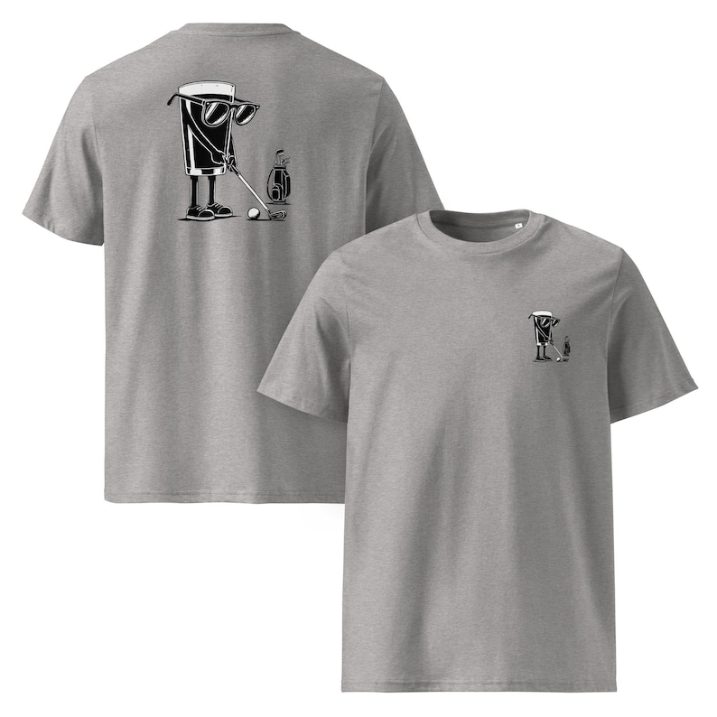 May include: Two heather gray t-shirts. One shirt has a large black and white graphic of a beer glass playing golf on the back. The other shirt has a smaller version of the graphic on the front left chest.