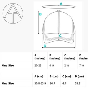 May include: A black and white illustration of a baseball cap with measurements in inches and centimetres. The measurements are labelled A, B, C, and D. The cap is a one size fits all.