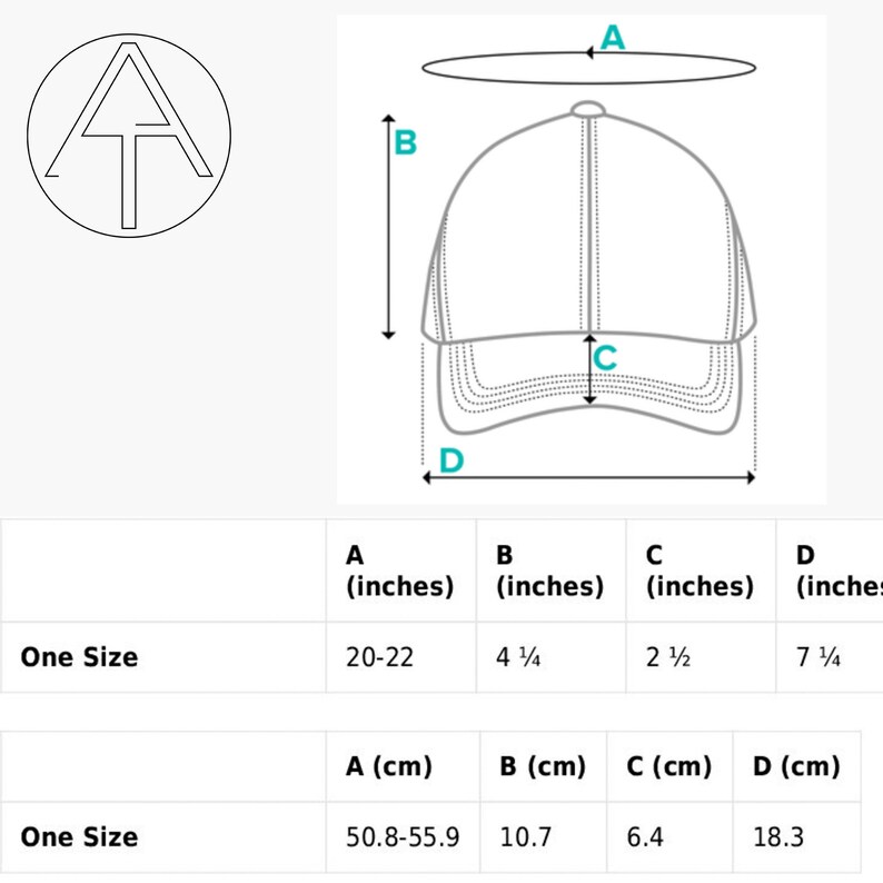 May include: A black and white illustration of a baseball cap with measurements in inches and centimetres. The measurements are labelled A, B, C, and D. The cap is a one size fits all.