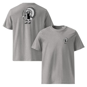May include: Two heather gray t-shirts. One shirt features a black and white cartoon design of a figure wearing sunglasses and a Native American headdress, holding a bow and arrow. The other shirt has the same design on the front, but smaller.