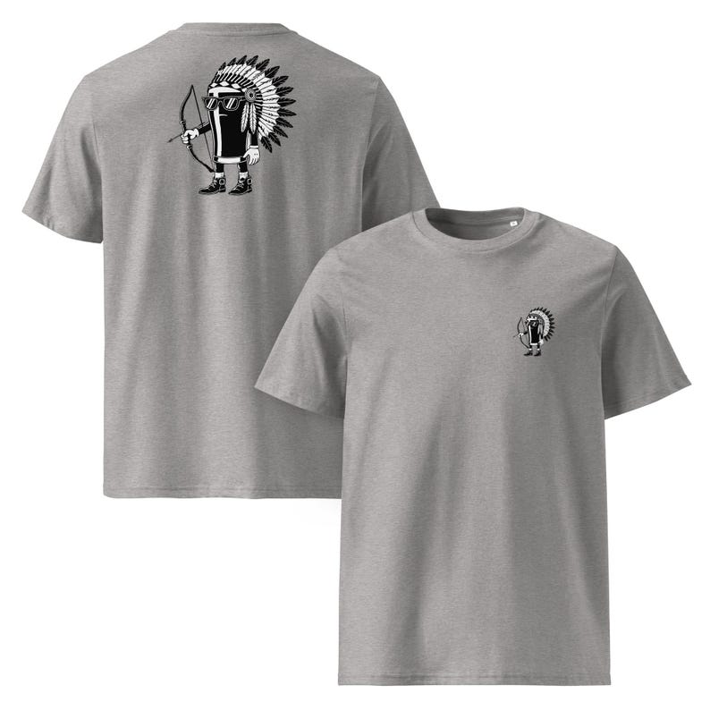 May include: Two heather gray t-shirts. One shirt features a black and white cartoon design of a figure wearing sunglasses and a Native American headdress, holding a bow and arrow. The other shirt has the same design on the front, but smaller.