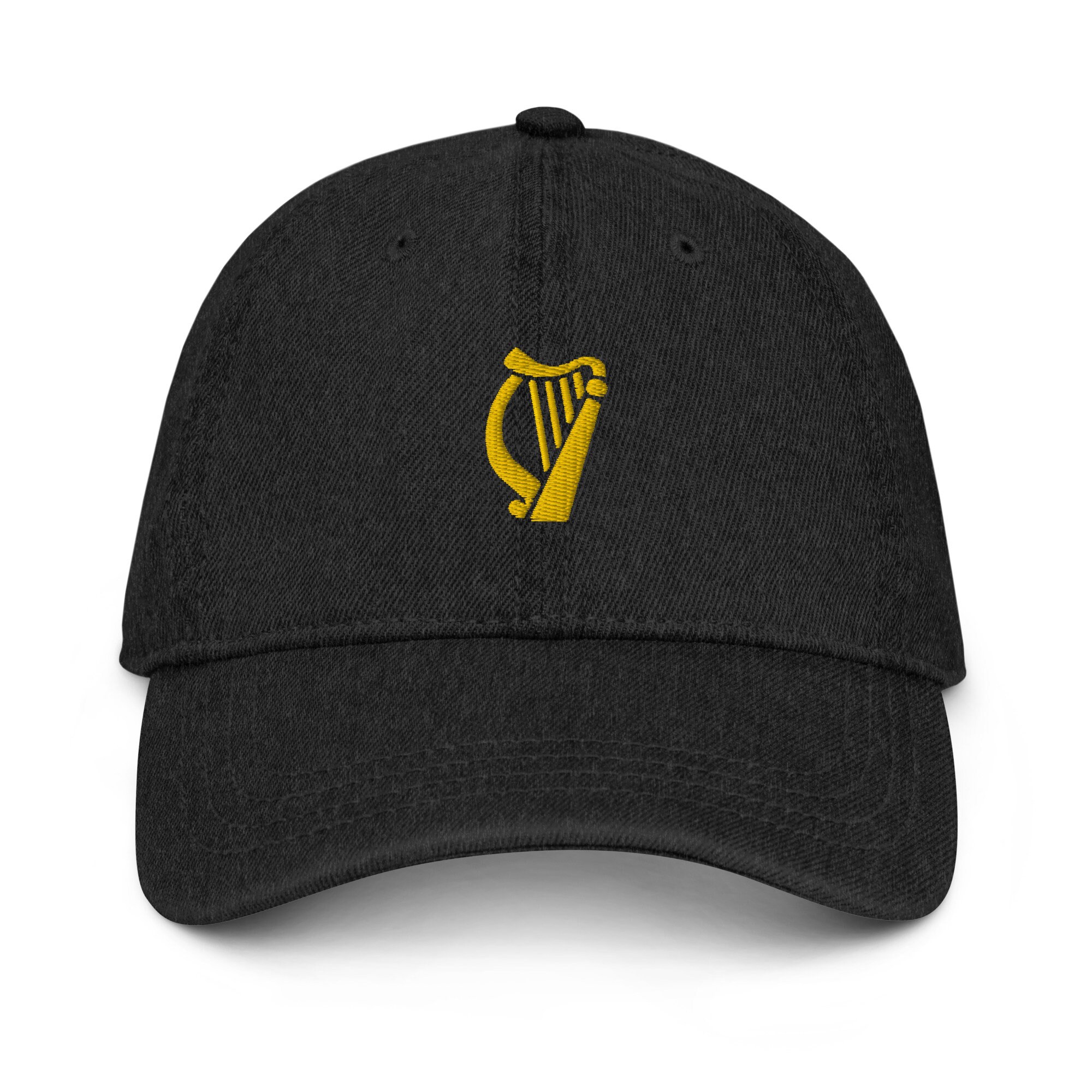 Irish Harp Denim Cap - Yellow Embroidered Symbol, Heritage-Inspired Cotton Hat