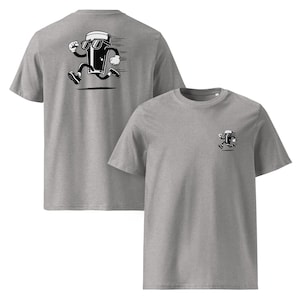 May include: Two heather gray t-shirts. One shirt features a running cartoon beer mug on the back and a smaller version on the front. The beer mug is black and white, wearing sunglasses, and has running motion lines.