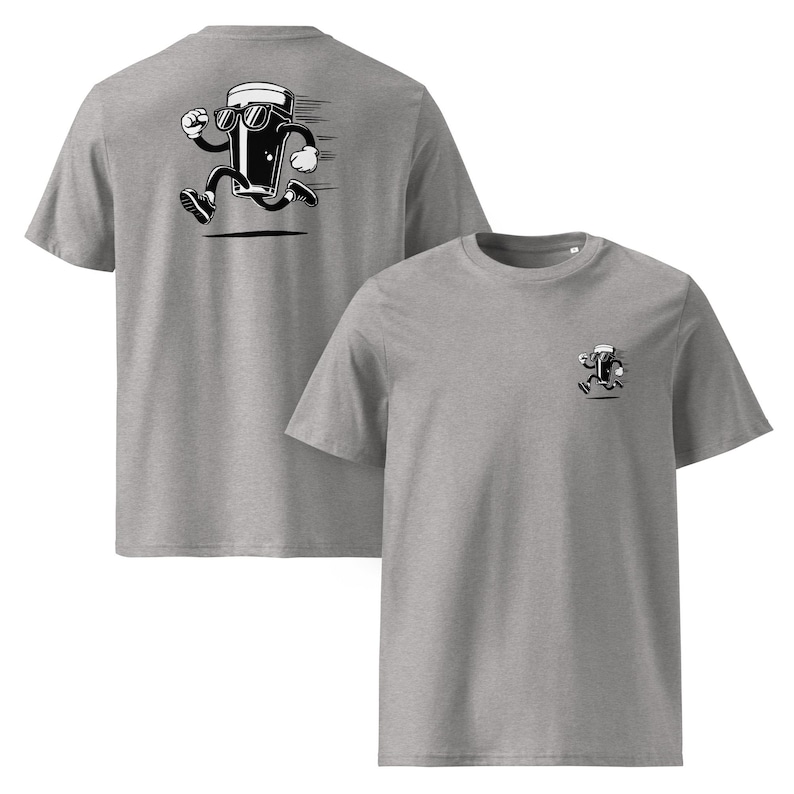 May include: Two heather gray t-shirts. One shirt features a running cartoon beer mug on the back and a smaller version on the front. The beer mug is black and white, wearing sunglasses, and has running motion lines.