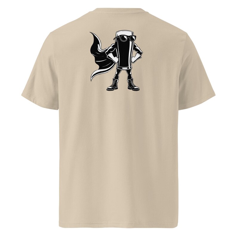 May include: A beige t-shirt with a black and white illustration of a beer glass superhero. The beer glass is wearing sunglasses, a cape, and boots, with its hands on its hips. The design is on the back.