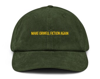 Make Orwell Fiction Again-hoed – zachte koordpet geel borduursel