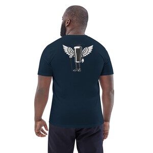 May include: Navy blue t-shirt featuring a cartoon pint of beer with angel wings, a halo, and a cane. The graphic is in white. The shirt is made of a soft, comfortable material.