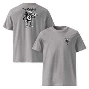 May include: Two grey t-shirts. One has a large graphic on the back of a cartoon coffee cup wearing sunglasses and the text "The Original". The other shirt has a smaller version of the graphic on the front.