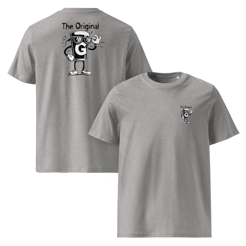May include: Two grey t-shirts. One has a large graphic on the back of a cartoon coffee cup wearing sunglasses and the text "The Original". The other shirt has a smaller version of the graphic on the front.