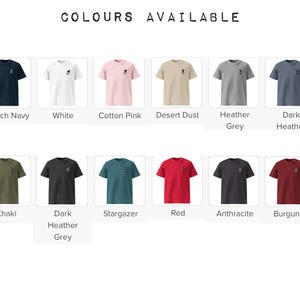May include: A variety of t-shirts in different colors, including French Navy, White, Cotton Pink, Desert Dust, Heather Grey, Dark Heather, Khaki, Dark Heather Grey, Stargazer, Red, Anthracite, and Burgundy. Each shirt has a small graphic.