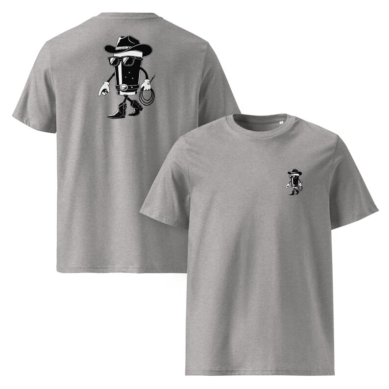 May include: Two heather gray t-shirts. One shirt features a large black and white cartoon cowboy graphic on the back. The other shirt has a smaller version of the same graphic on the front left chest.