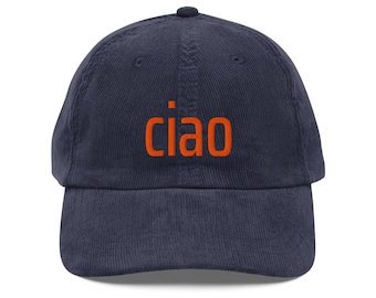 Gorra de pana bordada Ciao de gran tamaño: estilo italiano con envío rápido a EE. UU.