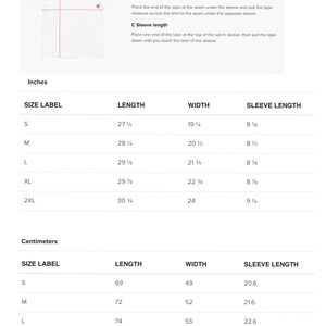 May include: White t-shirt with measurement instructions. The image shows how to measure the length, width, and sleeve length of a t-shirt. Measurements are provided in inches and centimeters for sizes S, M, L, XL, and 2XL.