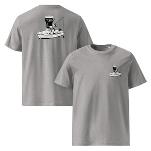 May include: Two heather gray t-shirts. The front shirt has a small graphic of a beer mug fishing from a boat. The back shirt has a larger version of the same graphic. The graphic is black and white.