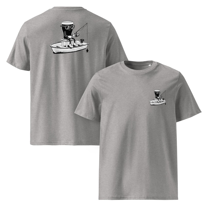 May include: Two heather gray t-shirts. The front shirt has a small graphic of a beer mug fishing from a boat. The back shirt has a larger version of the same graphic. The graphic is black and white.