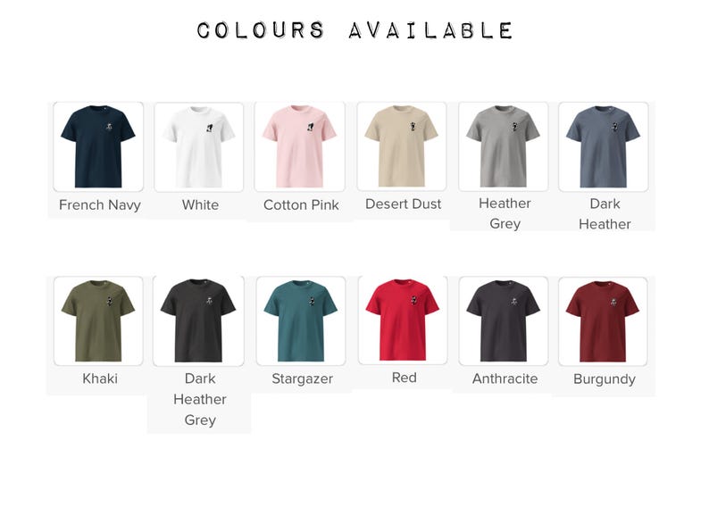Puede incluir: Una variedad de camisetas en diferentes colores, incluyendo Azul Marino, Blanco, Rosa Algod&oacute;n, Desierto, Gris Jaspeado, Gris Oscuro, Caqui, Gris Oscuro Jaspeado, Stargazer, Rojo, Antracita y Borgo&ntilde;a. Cada camiseta tiene un peque&ntilde;o gr&aacute;fico en el pecho.