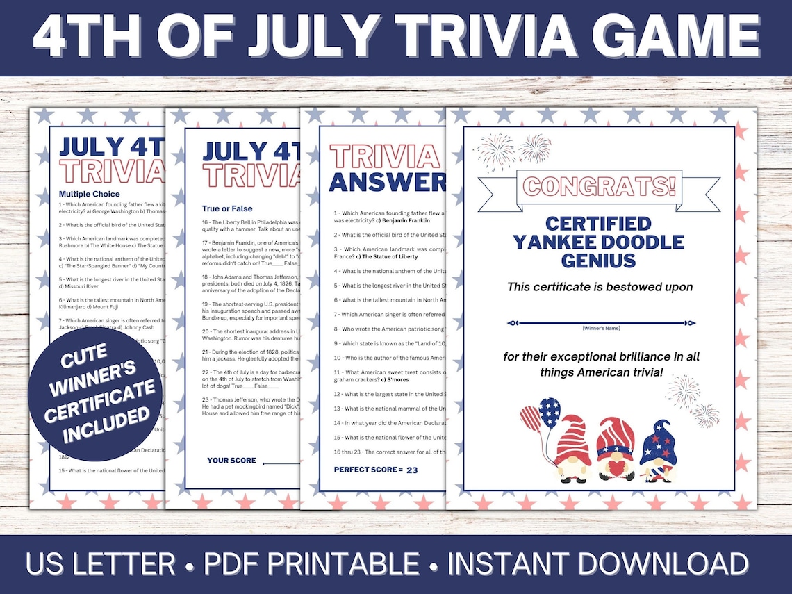 Printable 4th of July Trivia Game Independence Day Party Activity ...